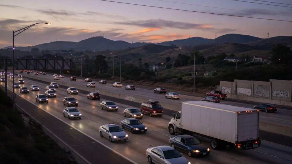 California freeway with cars and a commercial truck at dusk