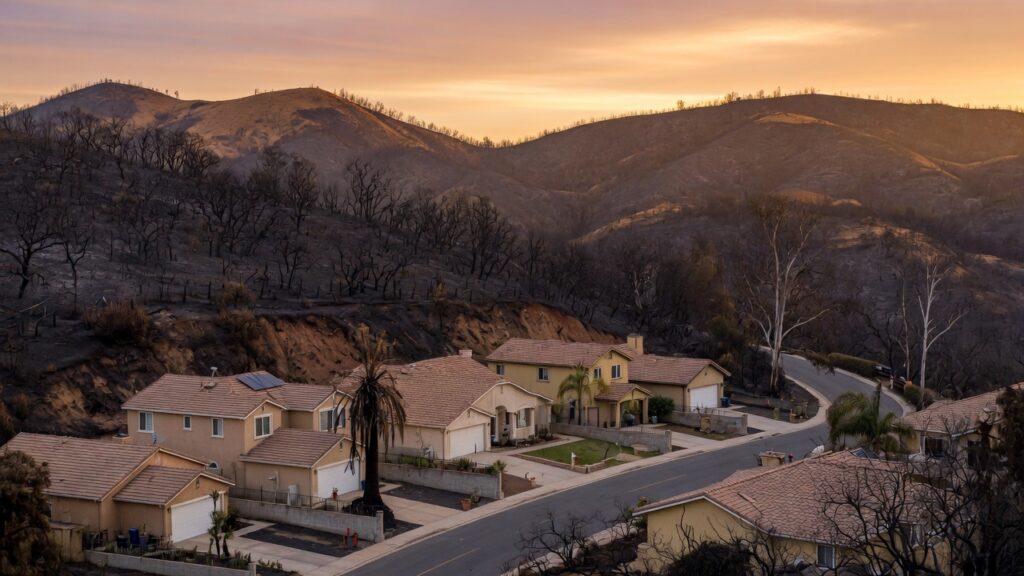 California hillside neighborhood with scorched brush on distant slopes