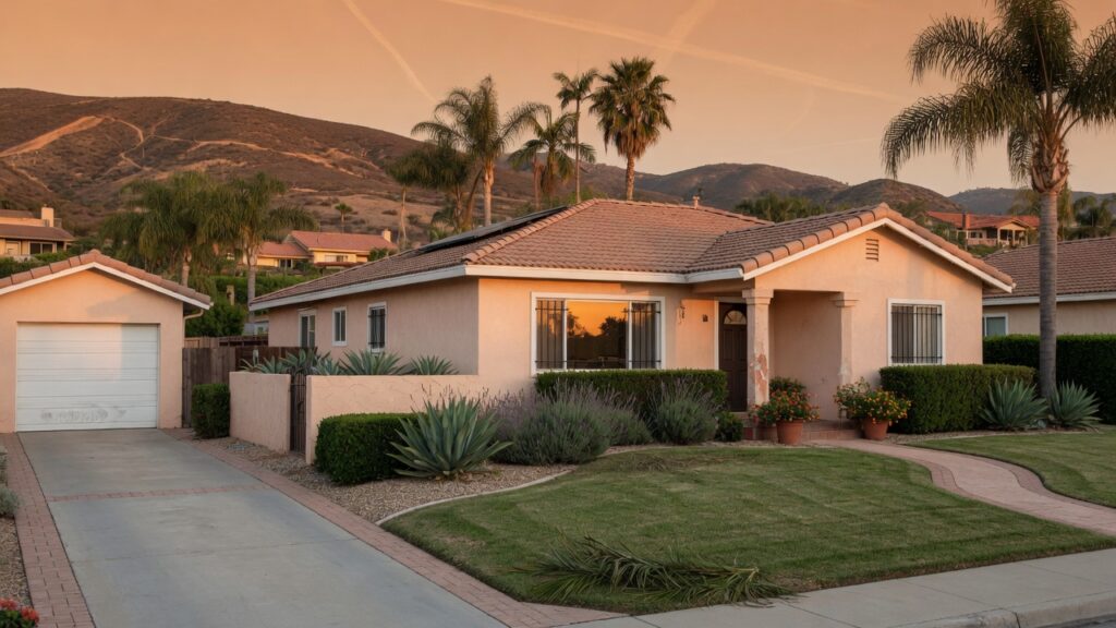 San Diego County stucco house with dry hills behind it