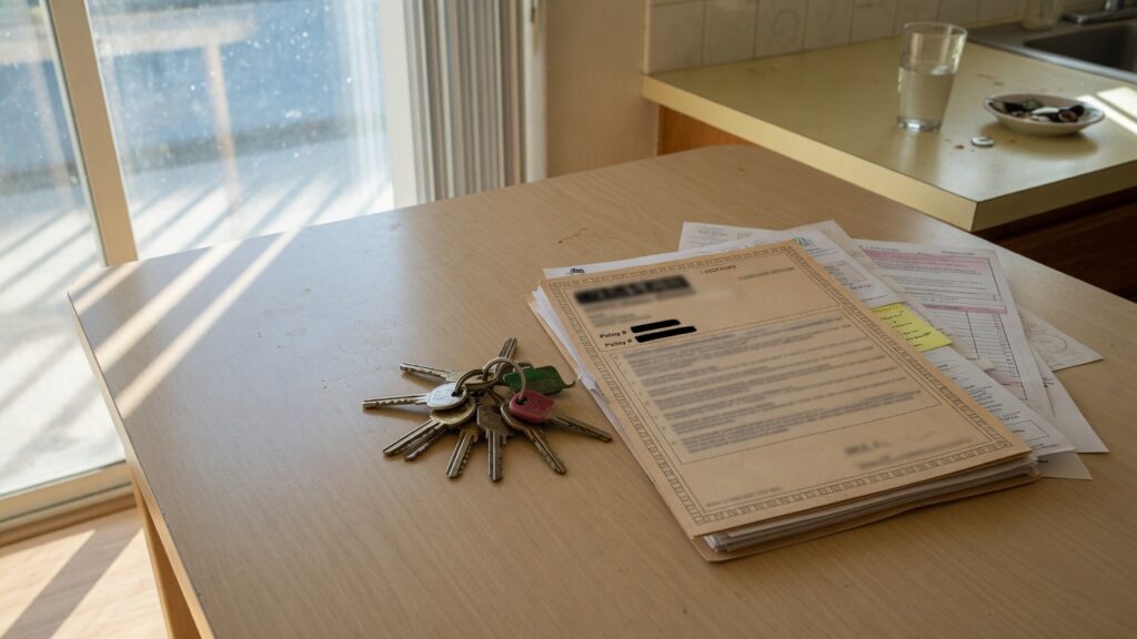 House keys and an insurance folder on a kitchen table