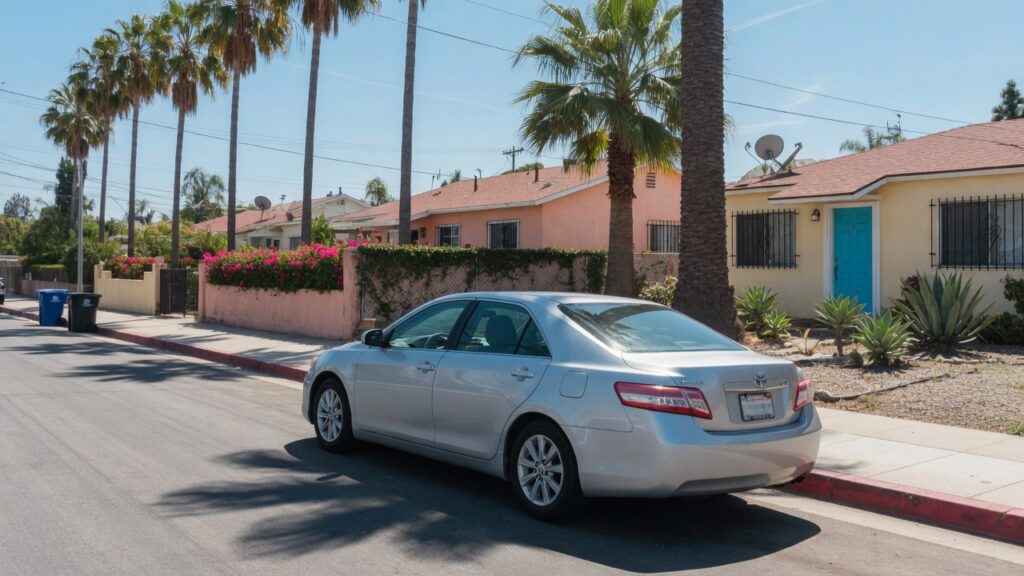 Sedan parked on a sunny Southern California residential street