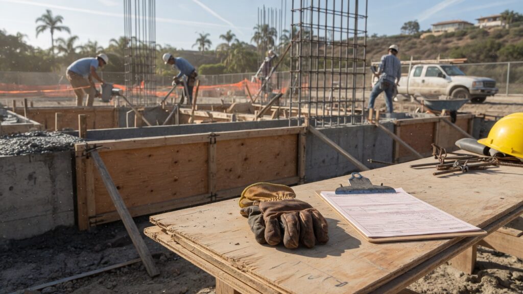 Southern California jobsite with gloves, a clipboard, and a crew