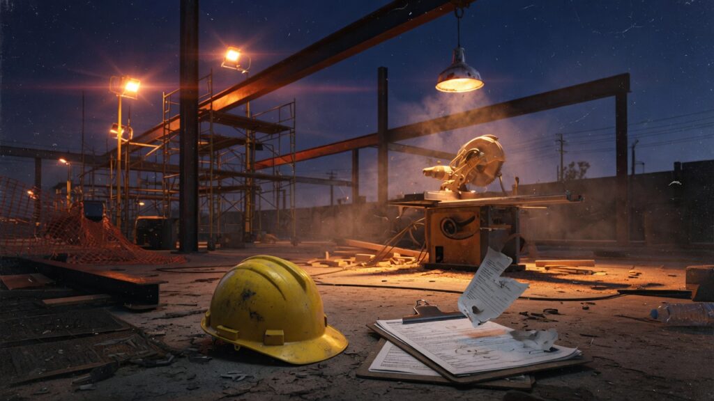 Night construction site with a hard hat, clipboard, and table saw under work lights