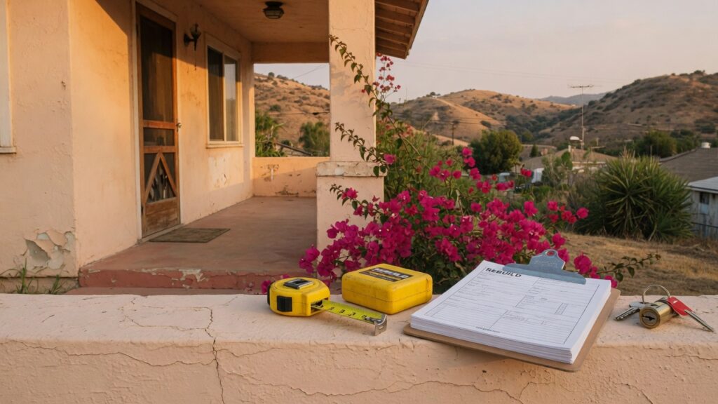 Southern California stucco porch with a tape measure, rebuild clipboard, and house keys