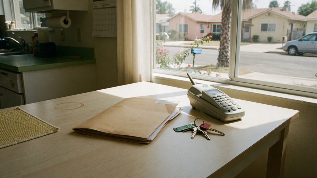 House keys, a phone, and an insurance folder on a kitchen table
