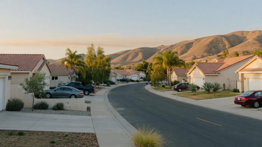 Newer Southern California houses on a quiet street with dry hills behind them