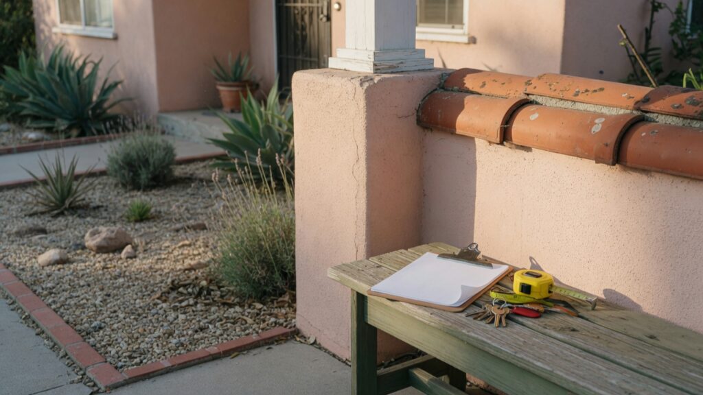 Southern California stucco porch with a tape measure, a clipboard, and house keys